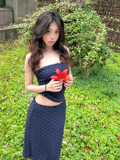 Navy Tube Top + Midi Skirt Two Piece Set