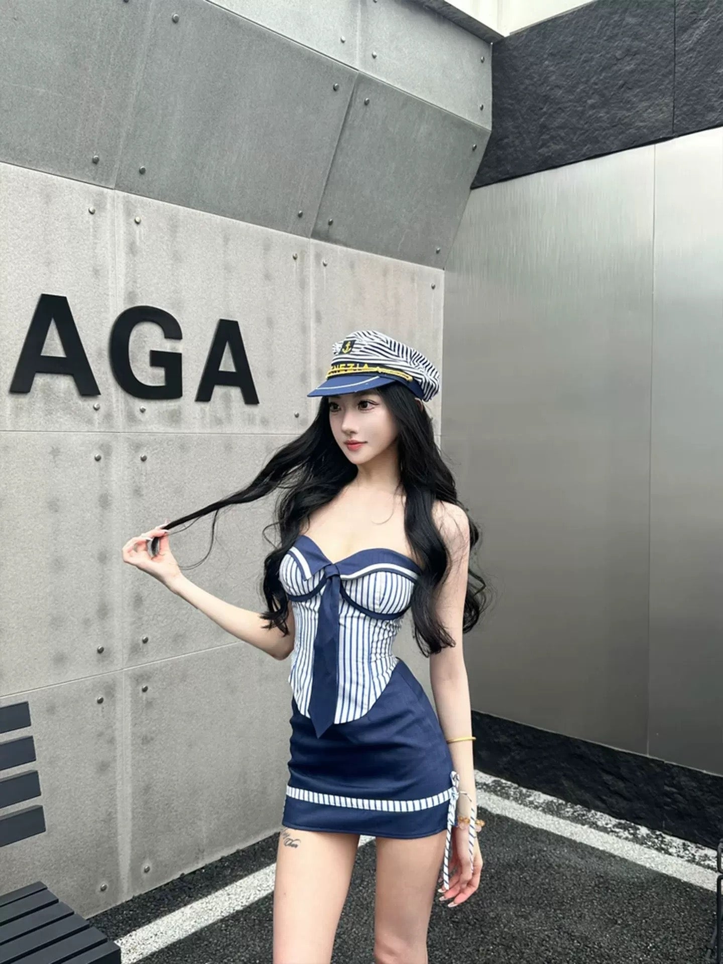 Sailor Tube Top + Skirt Two Pieces Set (S, M)