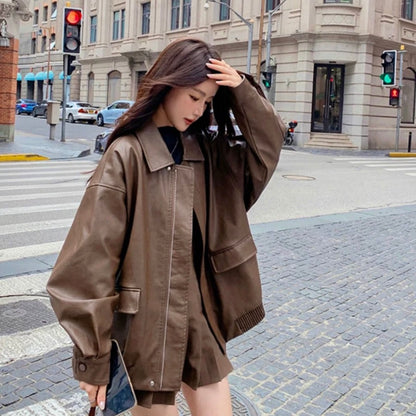 Thin PU Leather Oversize Jacket (Brown)