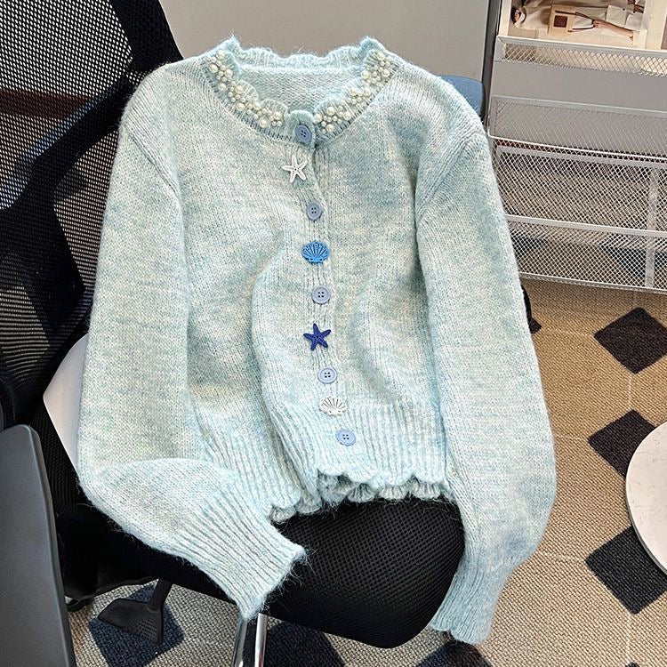 Blue Seashell Pearl Knitted Cardigan Top