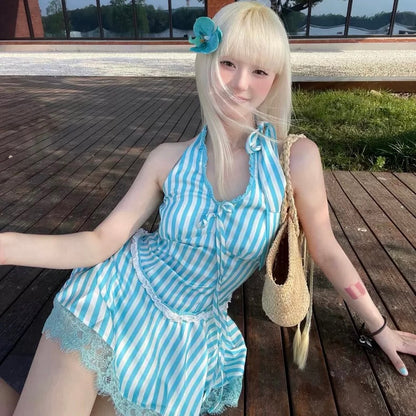 Round Collar Mint Stripe Mini Dress 限量