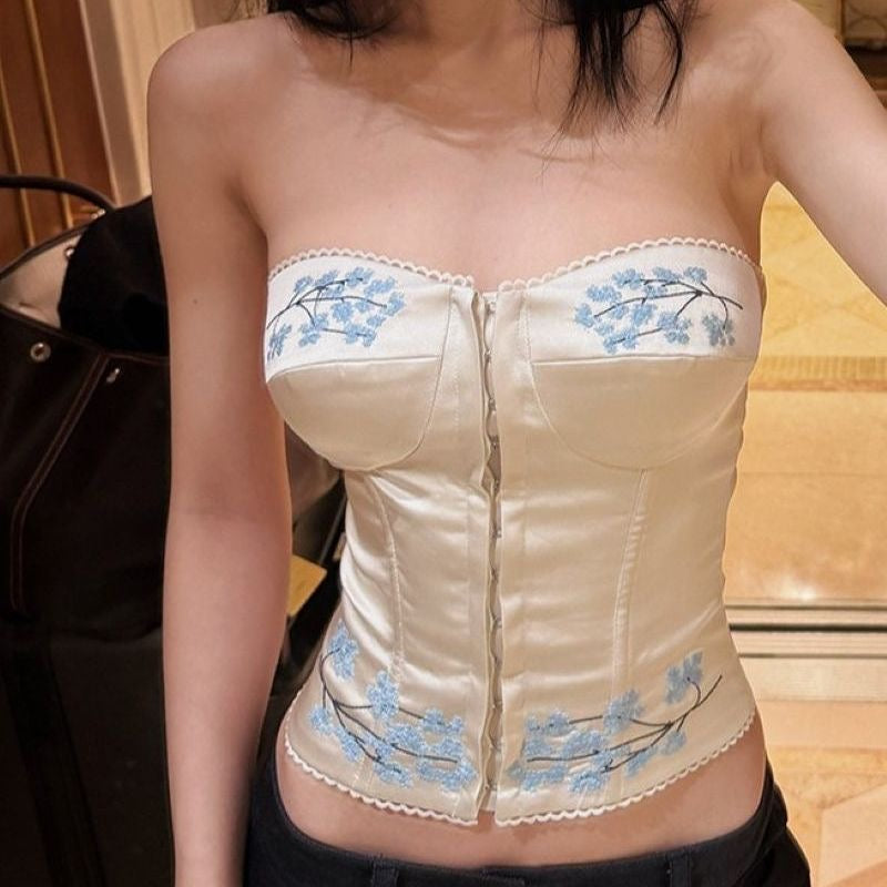 Blue Flo Silk White Tube Top