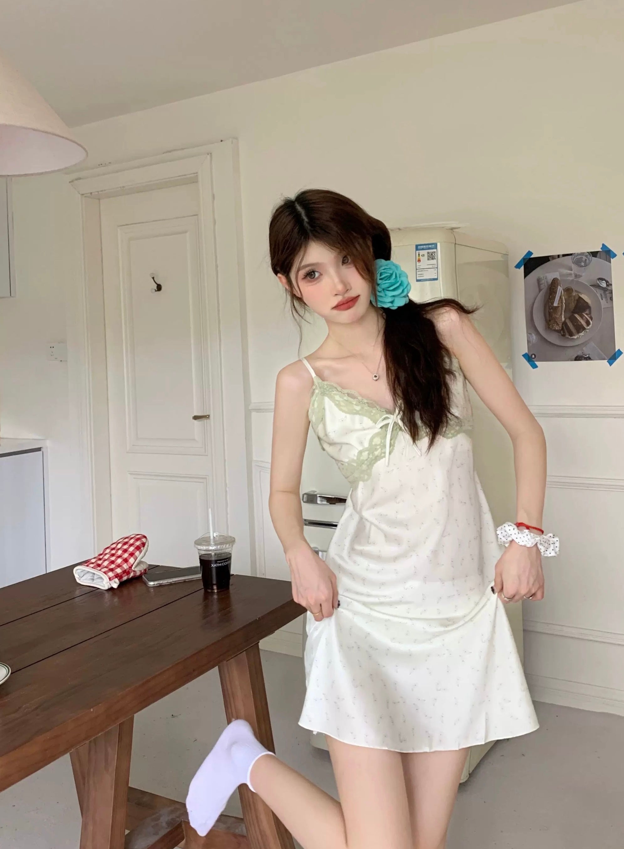 Green Lace Silk Homewear Dress Pyjamas