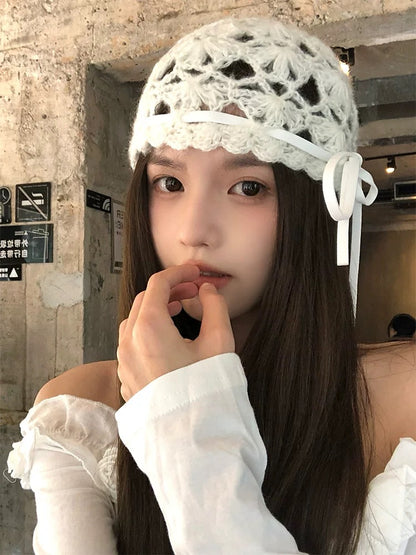 White Ribbon Knitted Embroidery Hat