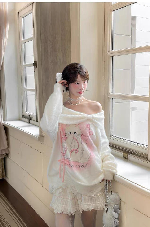 Off Shoulder White Pink Kitty Knitted Top