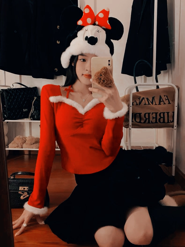 Christmas White Collar Red Top C009 (M ~ XL)