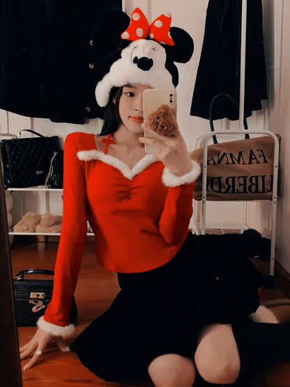 Christmas White Collar Red Top C009 (M ~ XL)