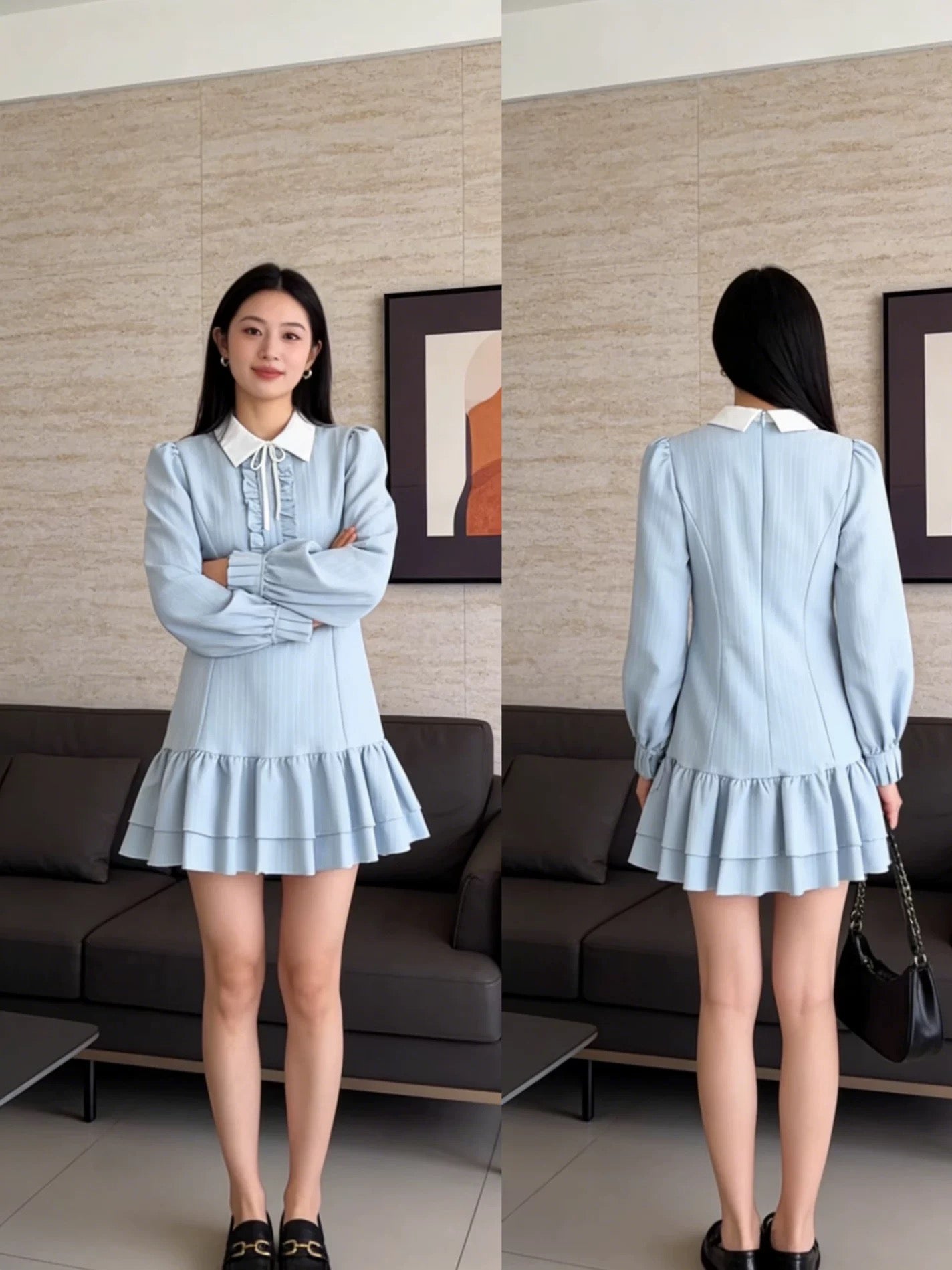 Uni White Collar Blue Long Sleeve Dress