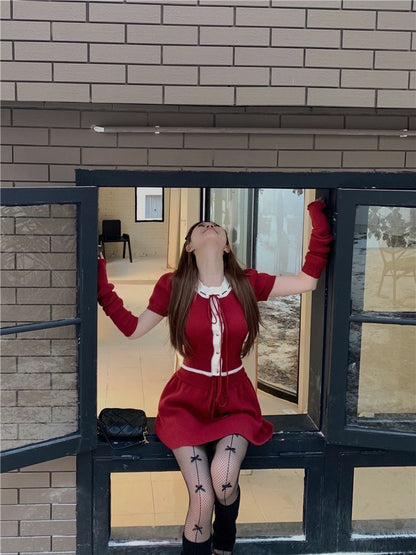 Red Knitted Crop Top + Skirt + Glove Three Piece Set