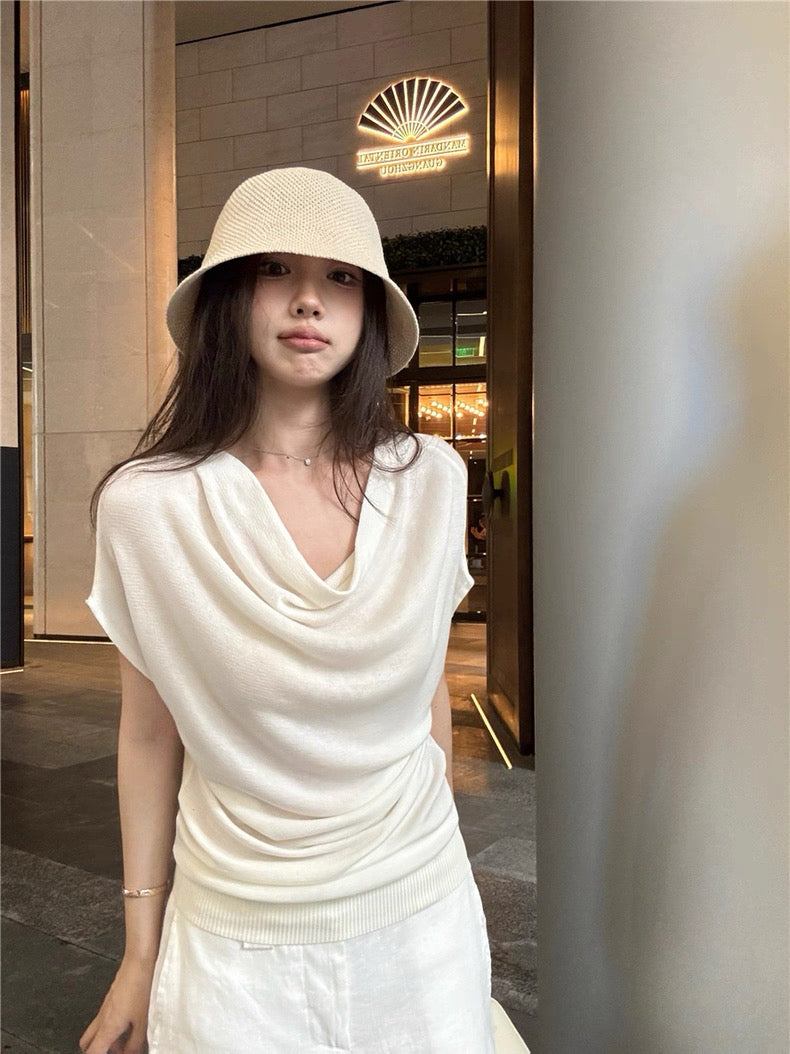 Off Shoulder Collar Top (Beige, Blue)