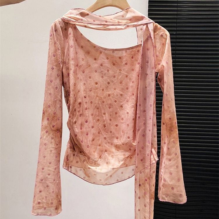 Mini Dot Off Shoulder Long Sleeve Mesh Top