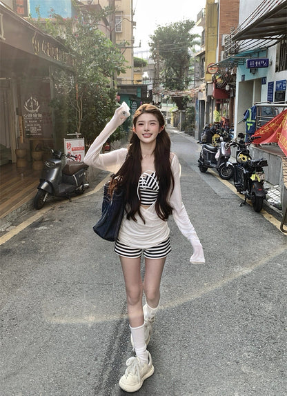 Stripe Singlet + Shorts + White Top Three Pieces Set