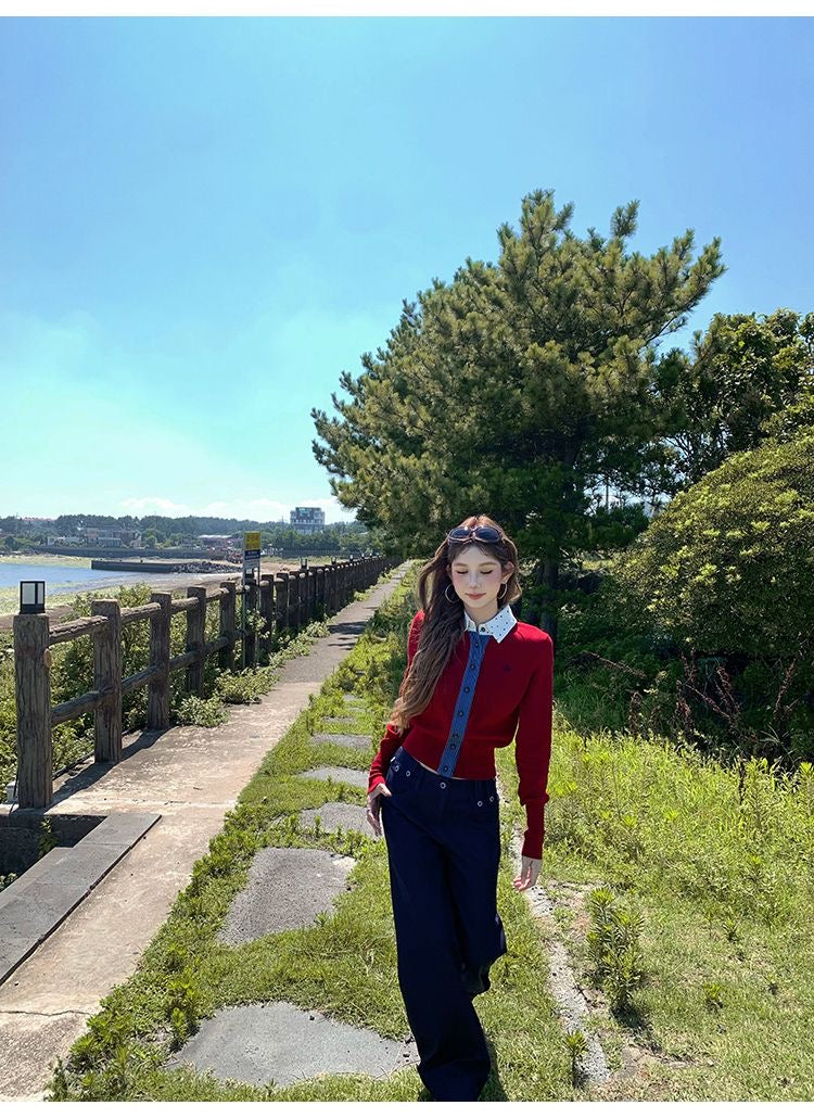 Polka Dot Collar Red Thin Knitted Top