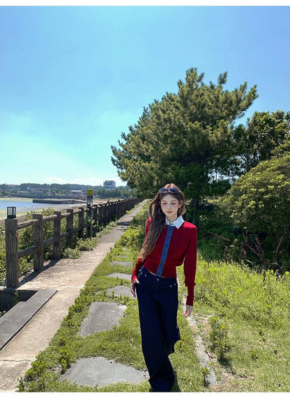 Polka Dot Collar Red Thin Knitted Top