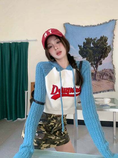 Blue Long Sleeve Knitted Crop Top
