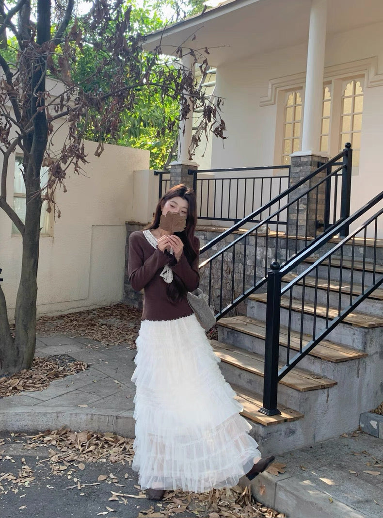 Creamy Layered Mesh Long Skirt