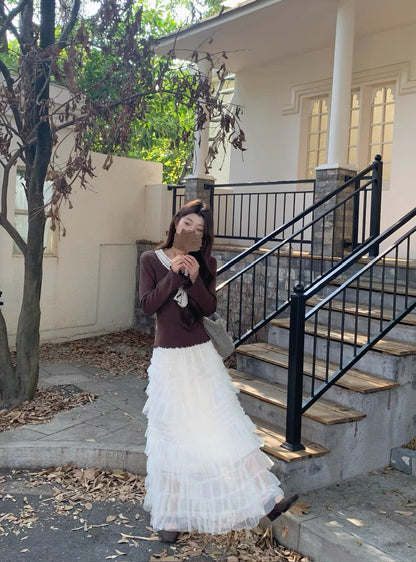 Creamy Layered Mesh Long Skirt