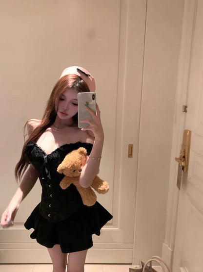Black Lacey Vest Top + Skirt Two Pieces Set (S, M)