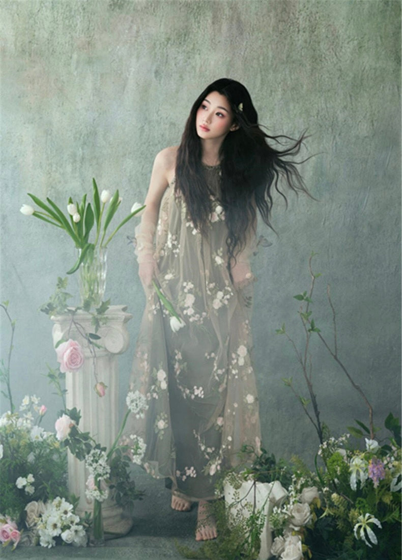 Mesh Flower Khaki Long Dress