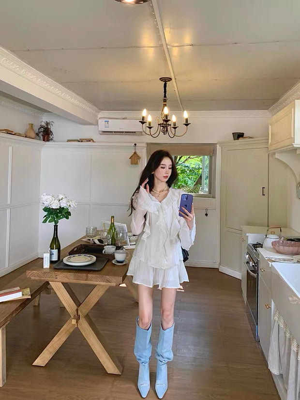 Beige Top + Skirt Two Piece Set