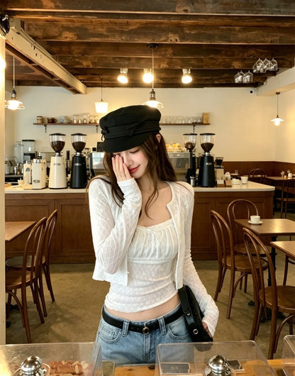 White Bows Top + Crop Cardigan Two Piece Set