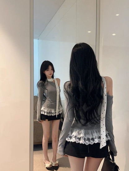 Polka Dots Off Size shoulder Long Sleeve Top