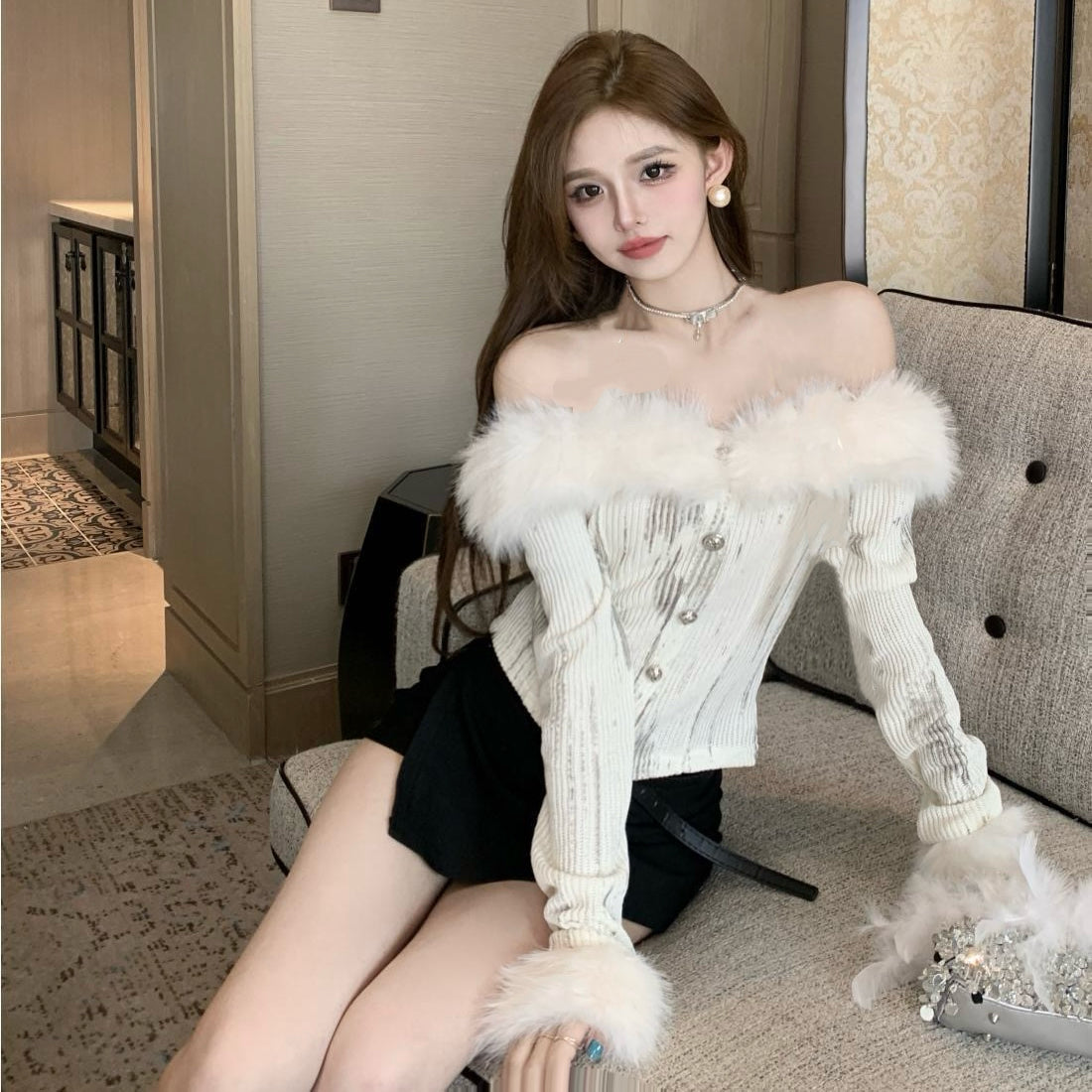 Cream Off Shoulder Knitted Long Sleeve Top (S)