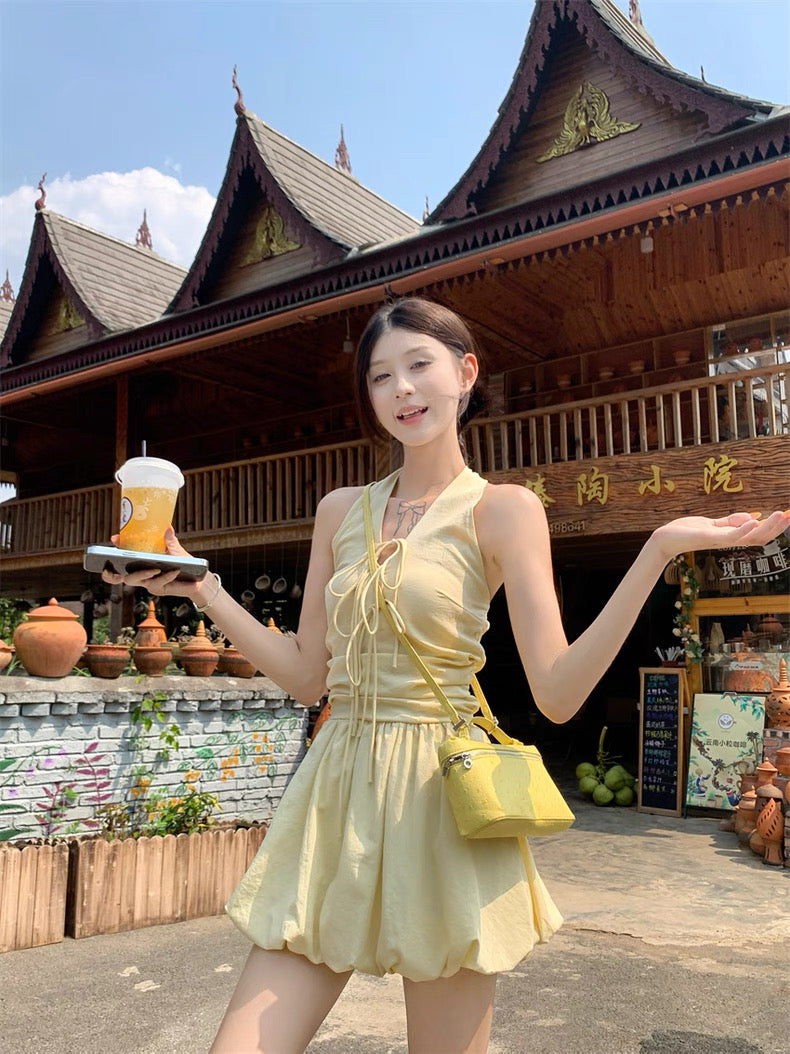 Round Collar Yellow Mini Dress