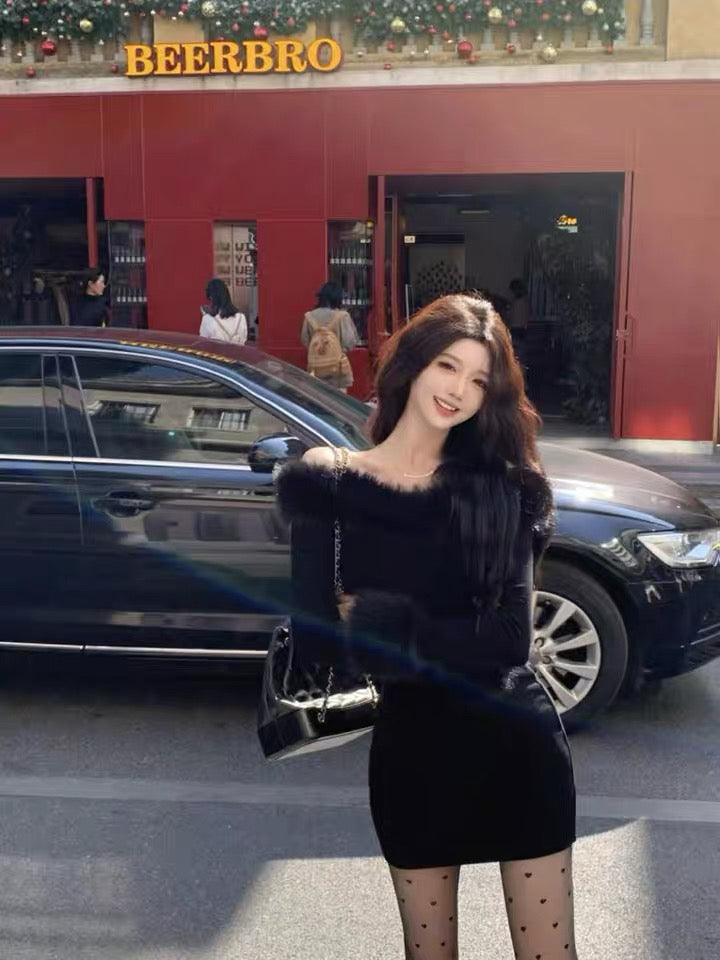 Black Two Wear Off Side Shoulder Long Sleeve Tube Dress