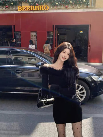 Black Two Wear Off Side Shoulder Long Sleeve Tube Dress