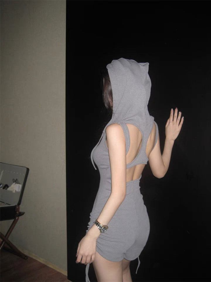 Sleevless Hat Romper (Black,Grey)