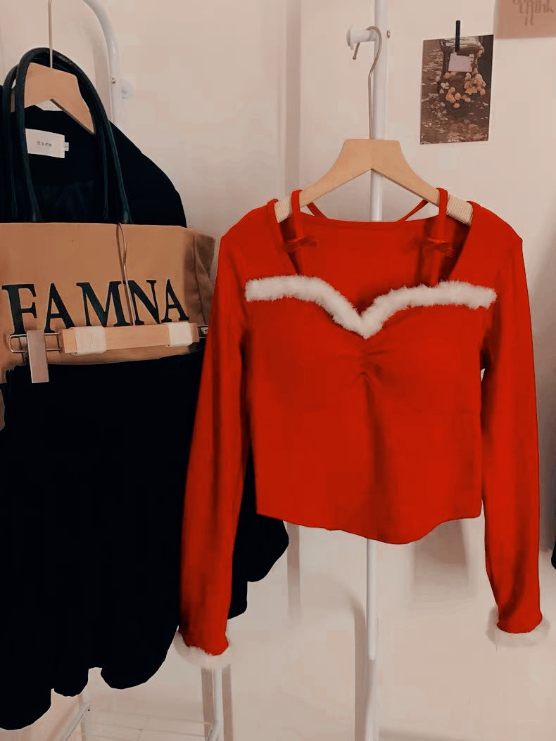 Christmas White Collar Red Top C009 (M ~ XL)