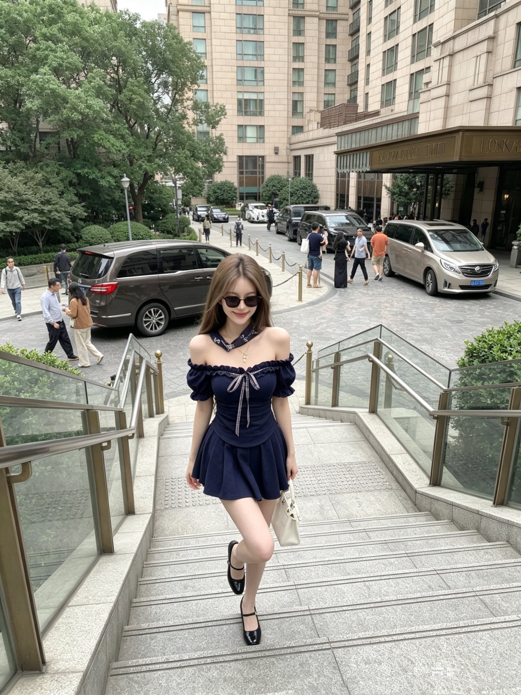 Off Shoulder Top + Blue Skort Two Piece Set (Navy, Khaki)