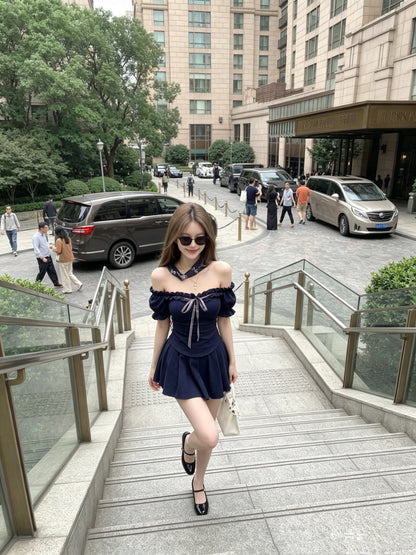 Off Shoulder Top + Blue Skort Two Piece Set (Navy, Khaki)