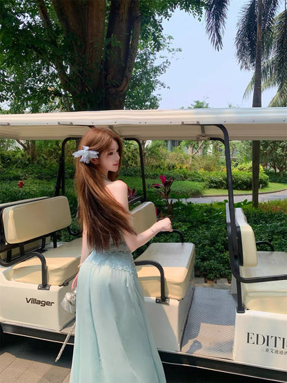 Embroidery Chiffon Two Piece Set (Blue, Beige)