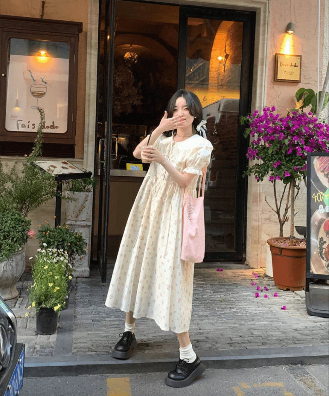 Mini Floral Beige Wide Long Dress