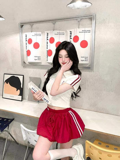 Collar White Top + Wine Red Skirt Two Piece Set