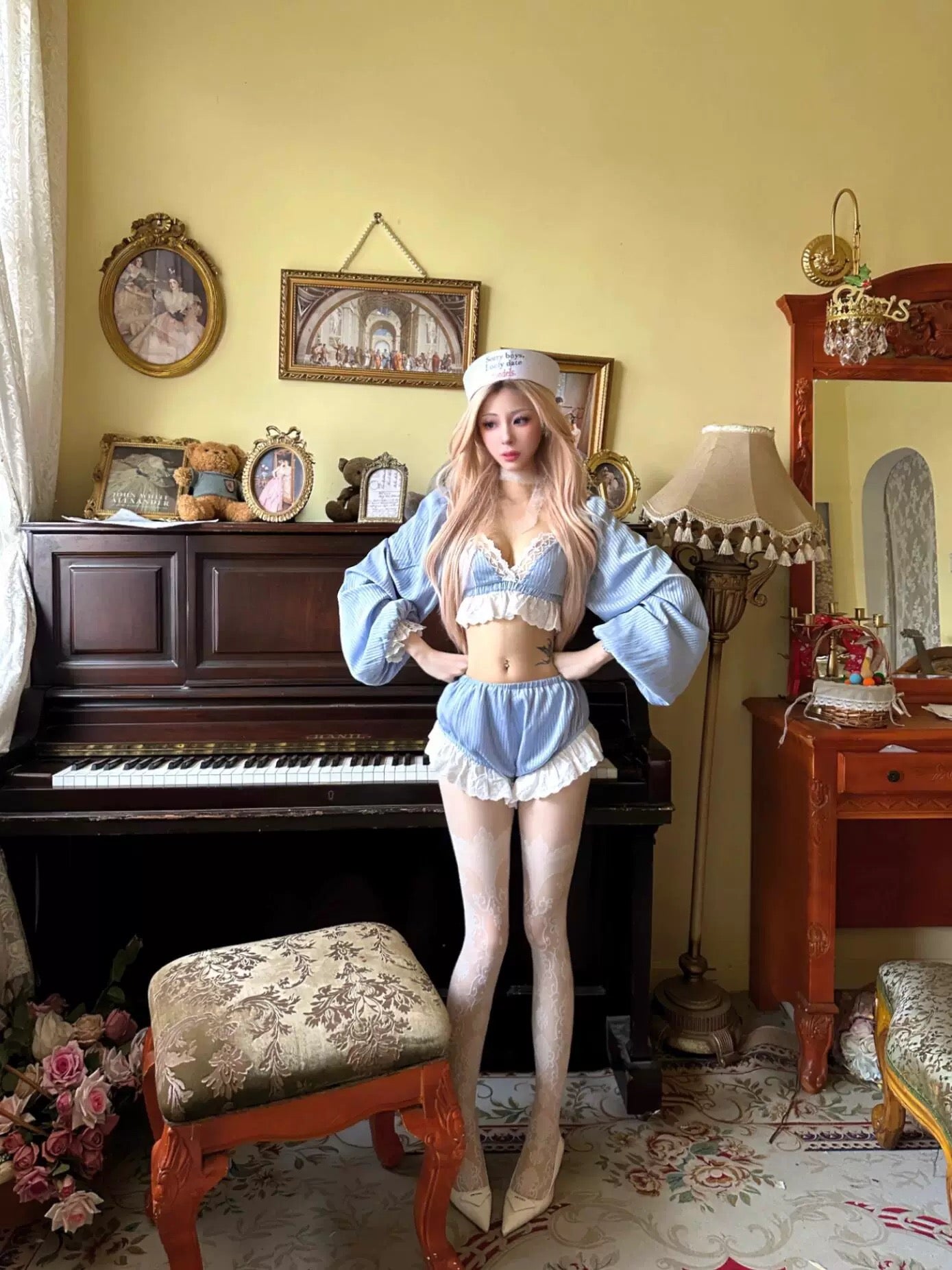 Blue Stripe Crop Top + Mini Shorts Two Piece Set