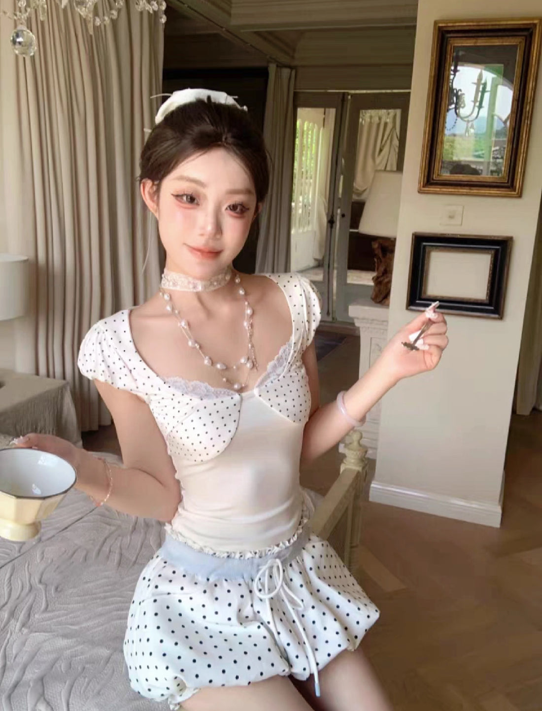Black Dot White Top + Shorts Two Piece Set