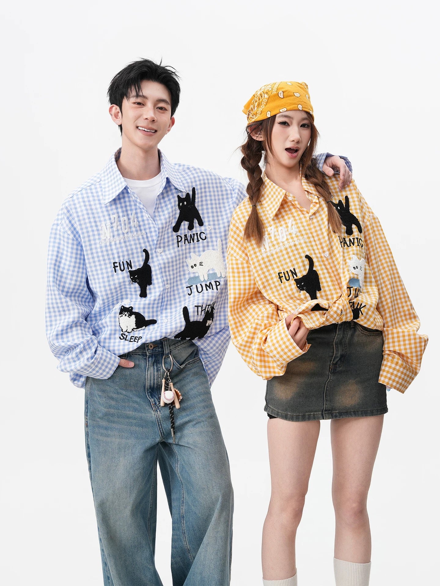 Cute Print Ginham Long Sleeve Shirt (Blue, Yellow)