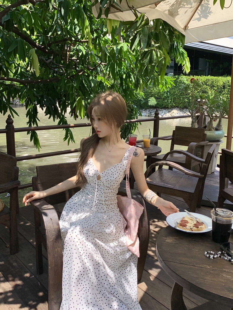 Polka Dot White Long Dress (S)