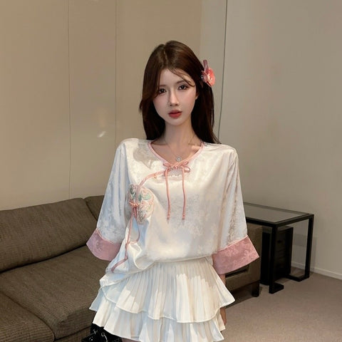 Pink White Long Sleeve Cheongsam Top