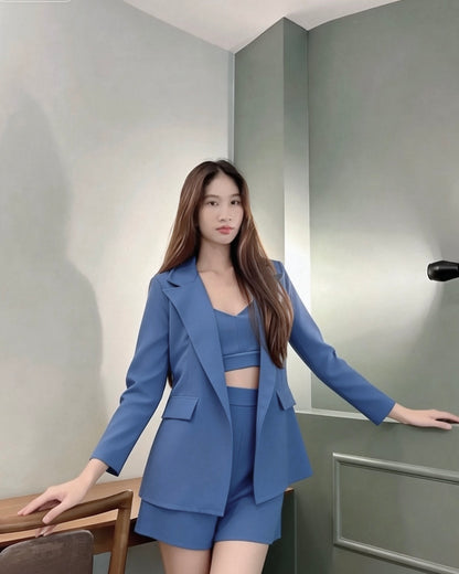 Top + Cardigan + Short Three Piece Set (Blue, Black)