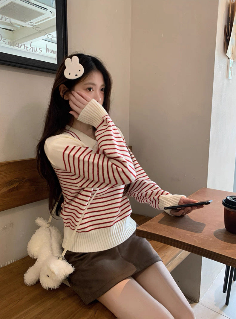 Stripe Long Sleeve Knitted Top (Red, Blue)