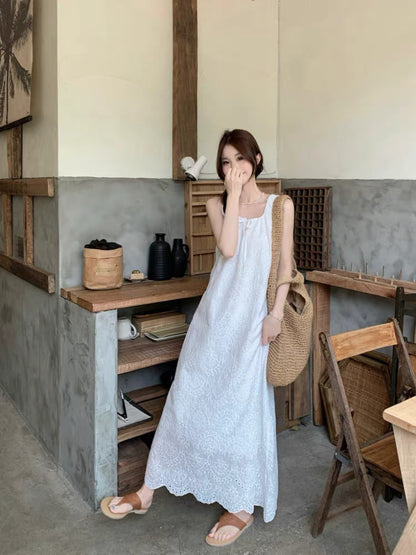 U Collar Embroidery Long Dress (Beige, White)
