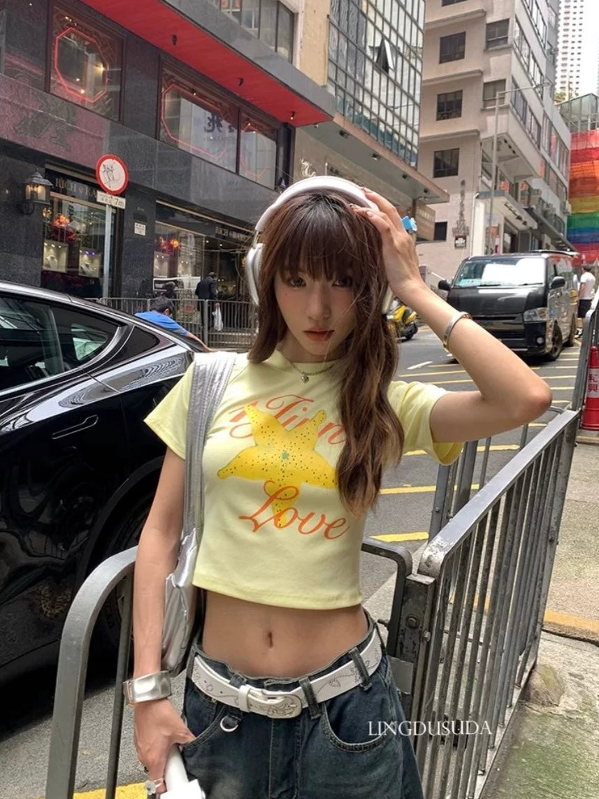 Yellow Starfish Shirt Crop Top