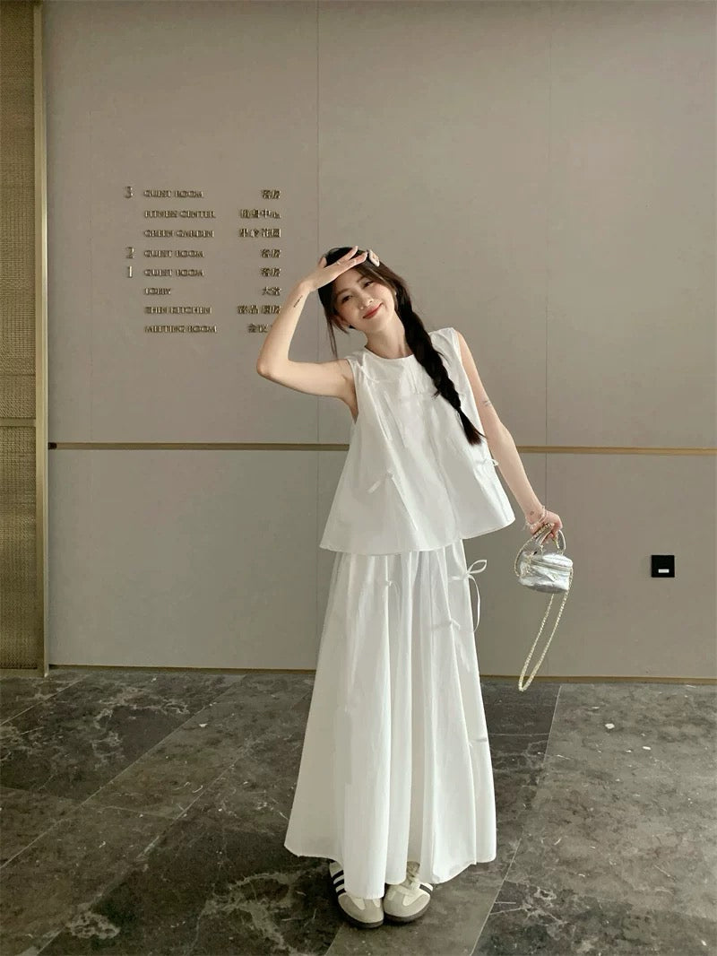 White Ribbons Sleeveless White Top + Skirt Two Piece Set