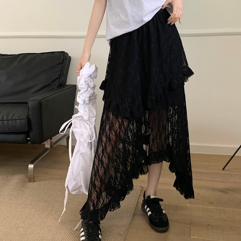 Unequal Beige Lacey Skirt With Lining
