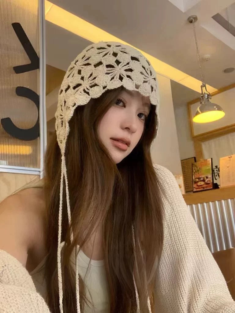 Beige Strap Knitted Embroidery Hat