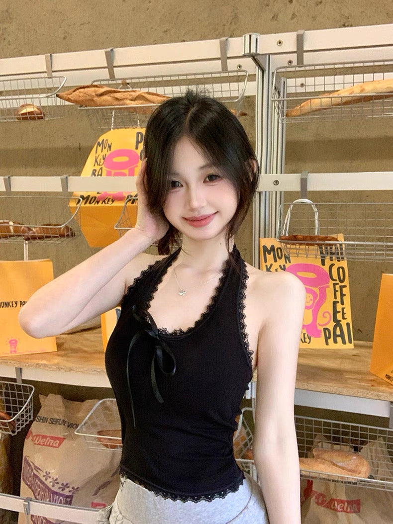 Round Lace V Collar Knitted Top (Grey, Black)